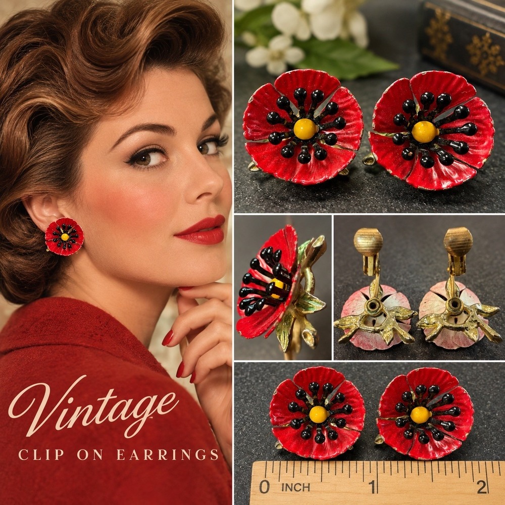 Vintage Enamel Poppy Flower Clip On Earrings Red Black Yellow 1" Dimensional